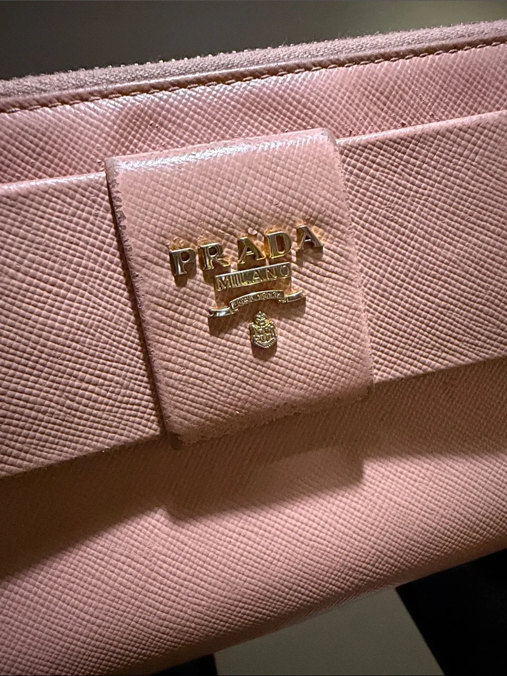 Prada Blush Pink Saffiano Bow Zip Wallet GUC